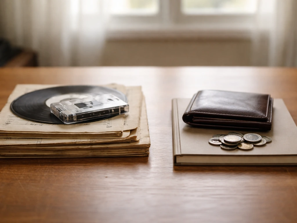 Minimal desk scene with two unlabeled stacks: music memorabilia vs personal finance items.