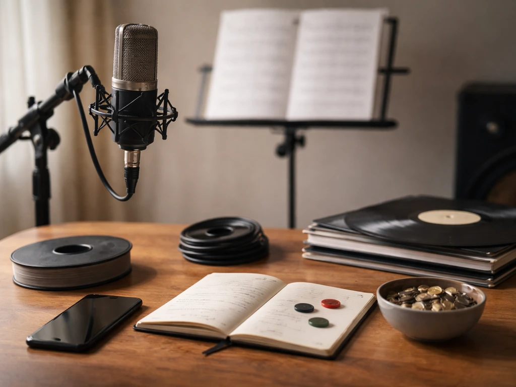Minimal photo of a musician’s studio desk with handwritten set list, music notes, coins, and a streaming mic stand