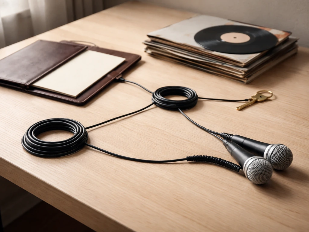 A minimalist studio desk with connected music-licensing objects symbolizing publishing rights and catalog revenue.