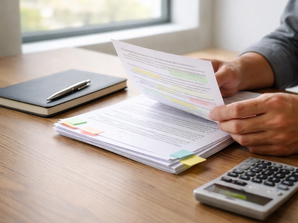 Hand on desk reviewing financial documents with a calculator and pen, checklist-style verification mood.