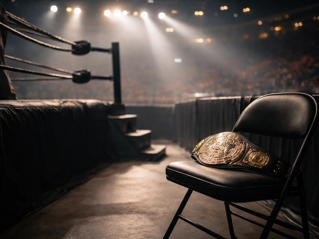Empty wrestling arena with a championship belt on a chair under dramatic lights
