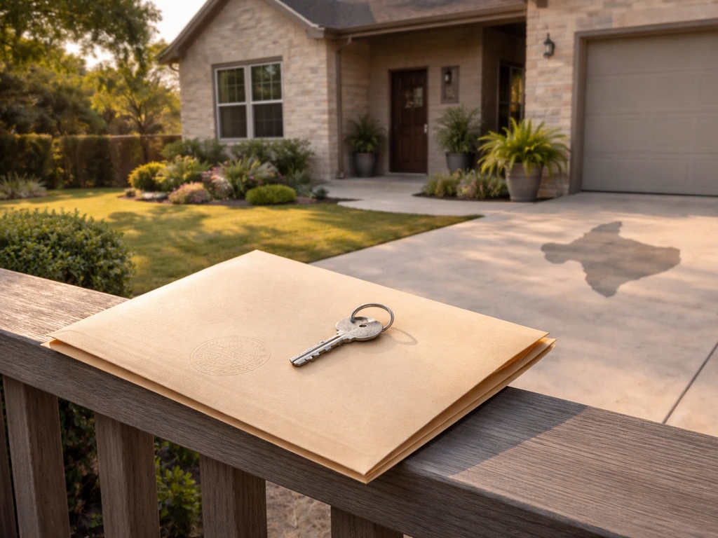 Sunlit suburban Texas home exterior with a real-estate documents folder on a porch rail