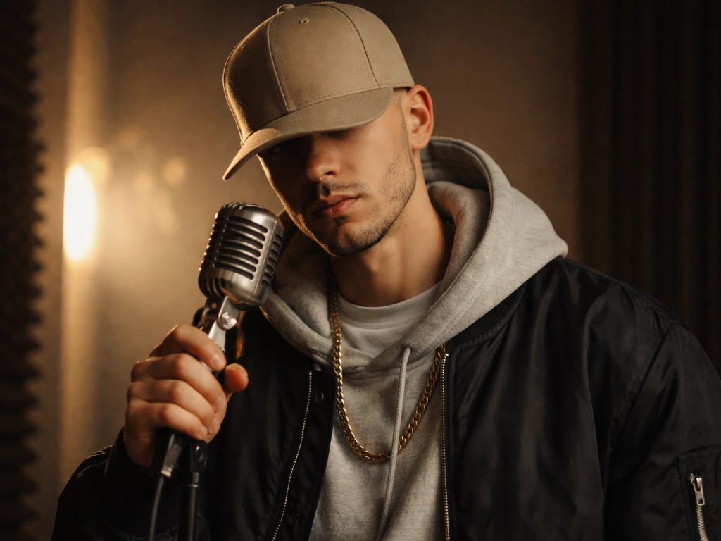 Anonymous rapper in a studio holding a vintage microphone, warm light and acoustic panels behind