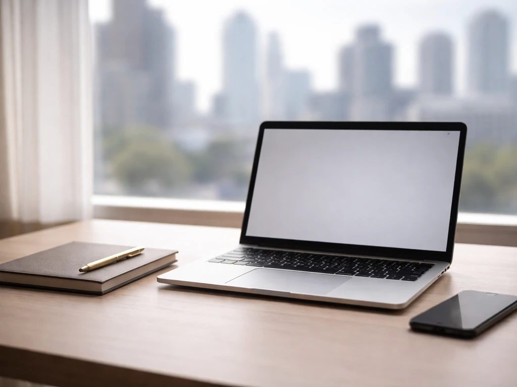 Minimal desk scene with laptop, smartphone, pen, and city window—symbolizing music wealth analysis range.