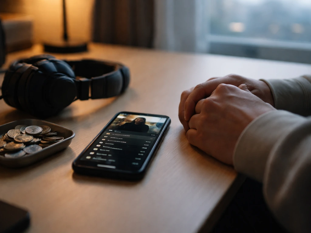 Hands on a desk beside a smartphone showing a blurred music artist page and headphones, royalty vibe.