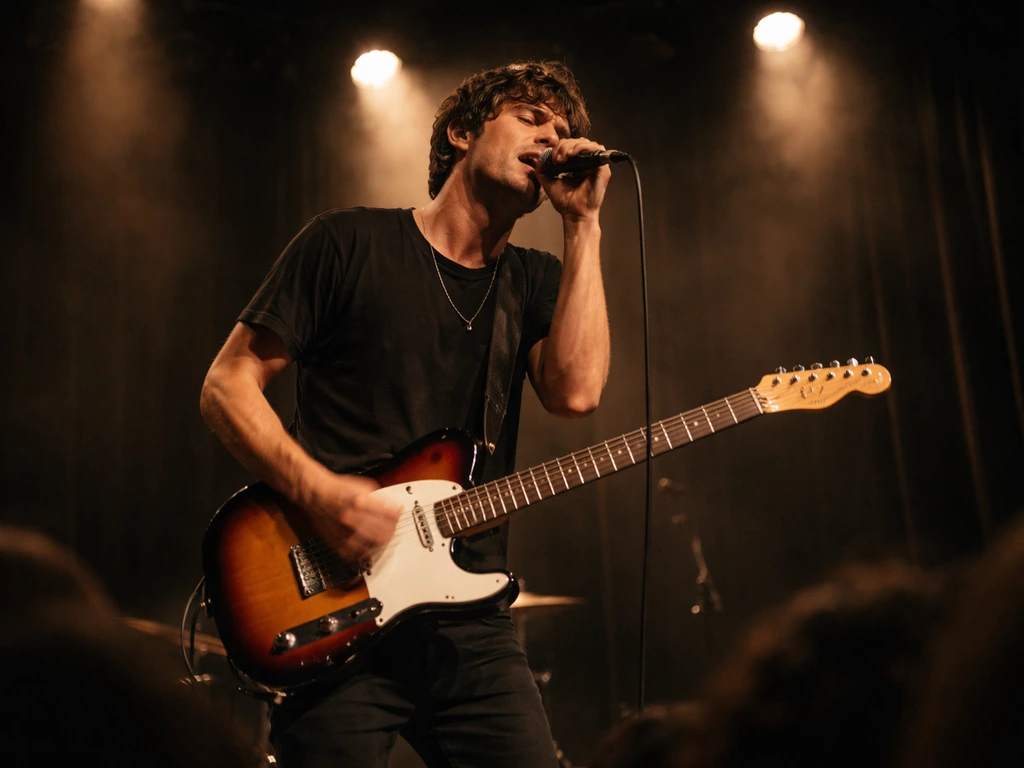 Solo musician performing on a dim concert stage with amber spotlights and soft haze, crowd blurred in front.
