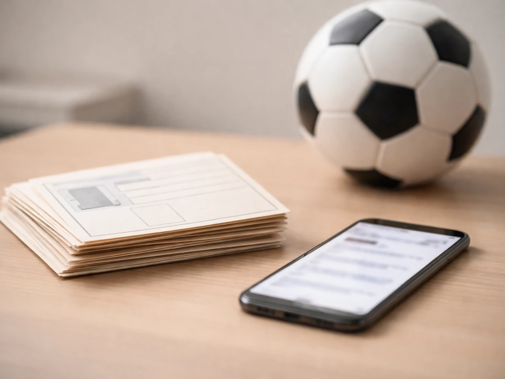 Desk with blurred phone search, blank documents, and a soccer ball, symbolizing verifying the right footballer.