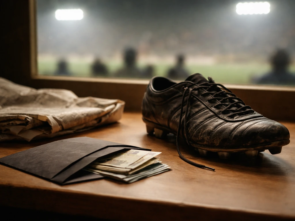 Anonymous football-themed scene with a worn boot and a cash-filled envelope on a media desk