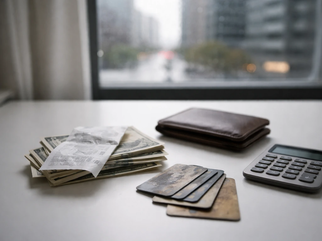 Anonymous finance-focused desk scene with scattered cash, receipts, and a calculator suggesting wealth erosion
