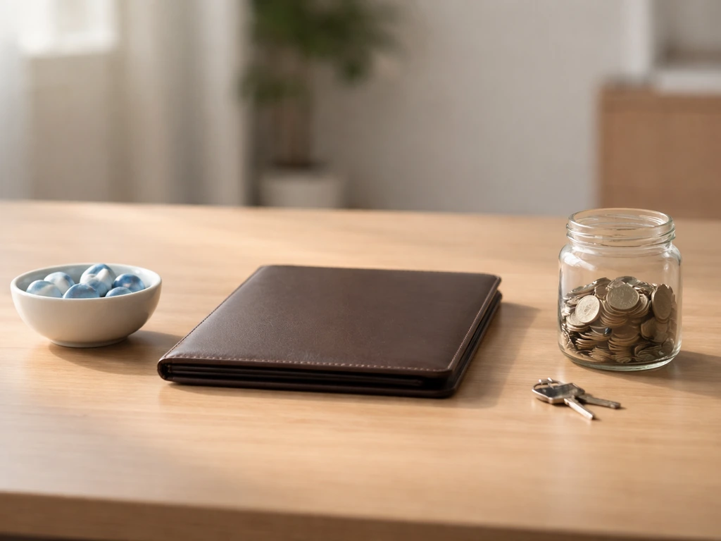 Minimal office desk with three separate symbolic items representing brand, company, and personal claims of value.