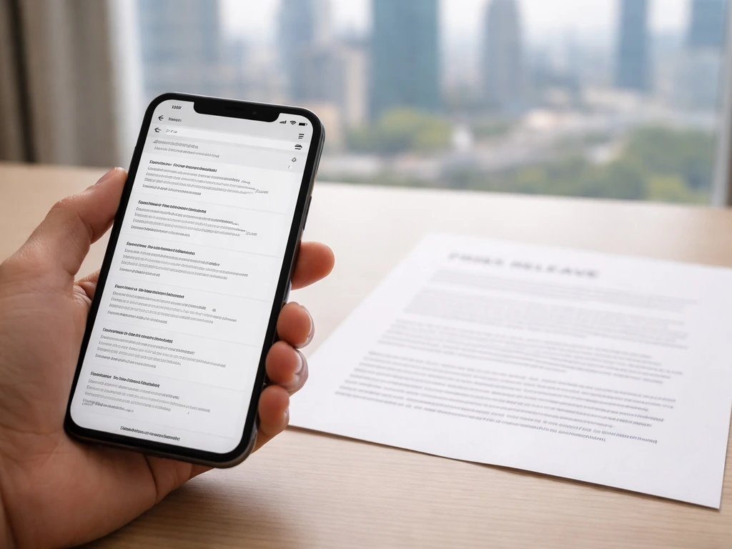 Close-up of a smartphone showing a government business registry search results page and a press release icon