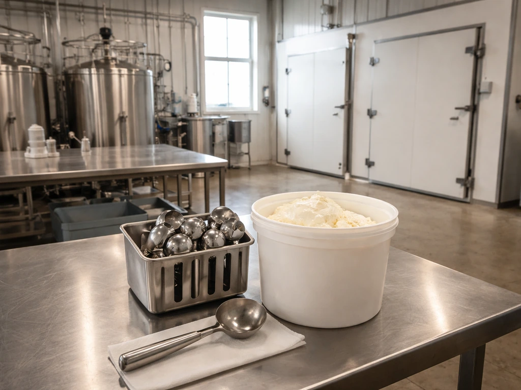 Wells/Blue Bunny-style ice cream production in a clean Midwestern factory with stainless tanks and tubs