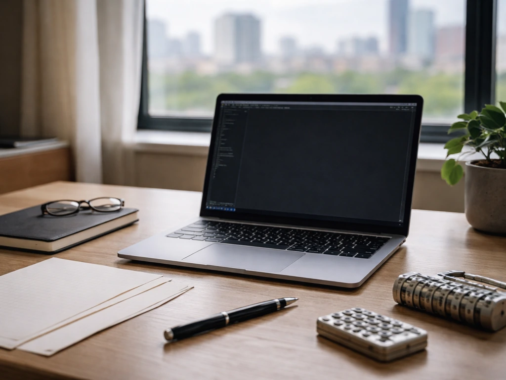Anonymous desk with a laptop and cryptography-like tools in a bright university office.