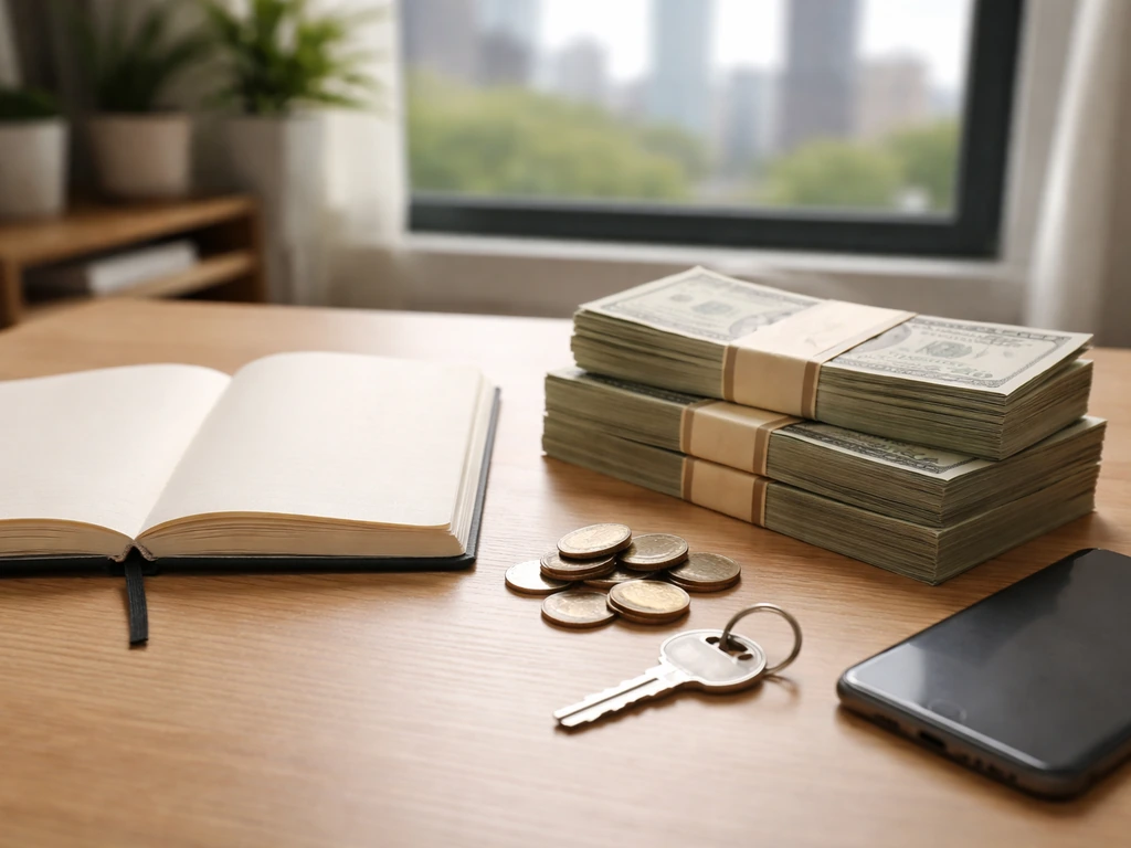 Minimal desk with coins, cash bundles, a house key, and blank notebook symbolizing net worth components