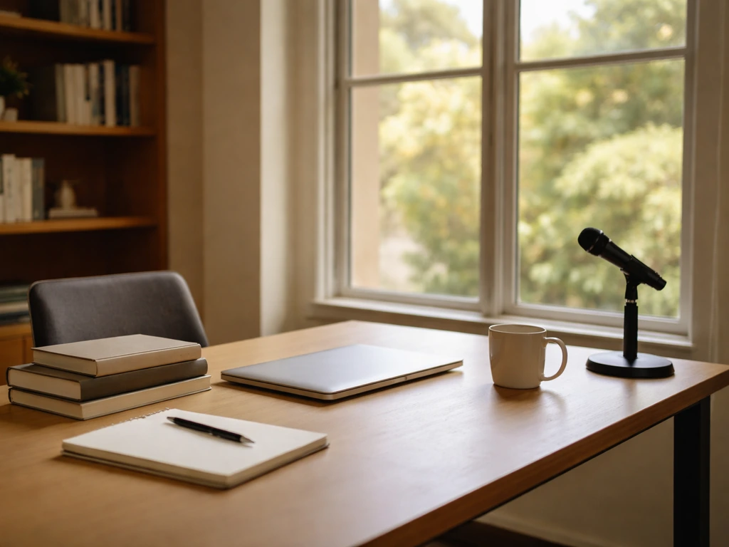 Minimal photo of an empty Stanford-style office desk with a laptop, books, and a coffee mug