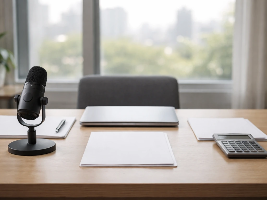Minimal photo of a studio desk with a microphone and scattered documents for net-worth methodology