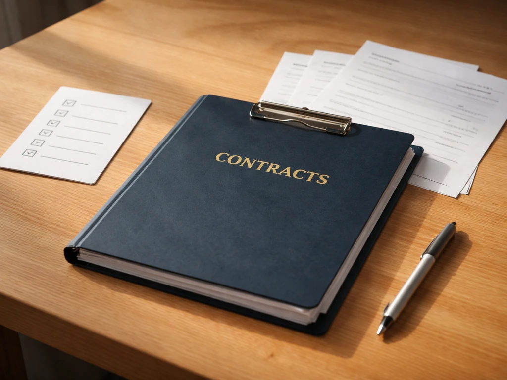 Minimal desk scene with a sealed contracts folder, checklist, and generic email headers papers for business verification