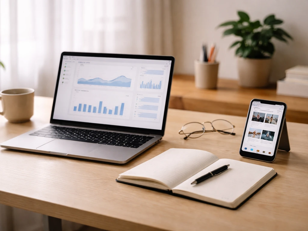 Desk scene with laptop analytics graphs, notes, and a browser window for cross-checking sources