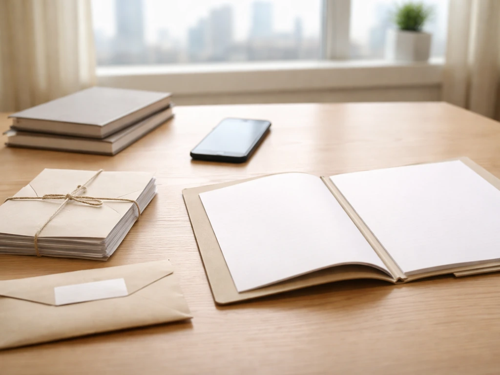 Minimal home office desk with sealed envelope and open folder of blank papers, symbolizing unverified vs verified.