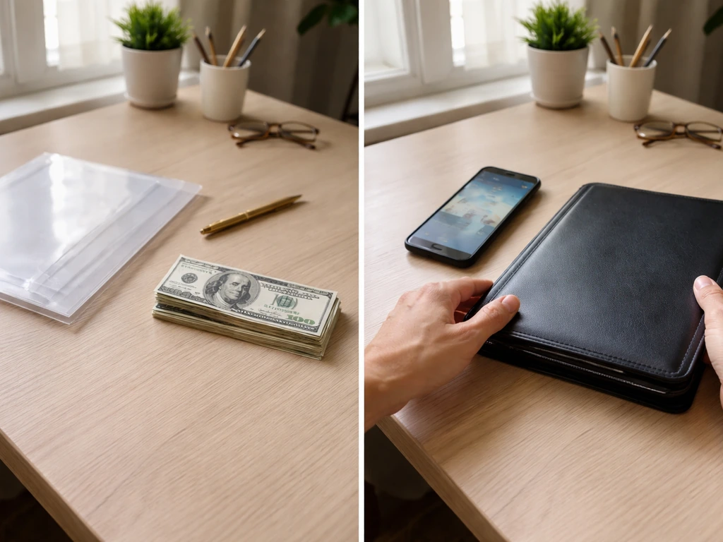 Minimal desk scene showing cash now versus a binder/phone suggesting value held later, timing mismatch idea.
