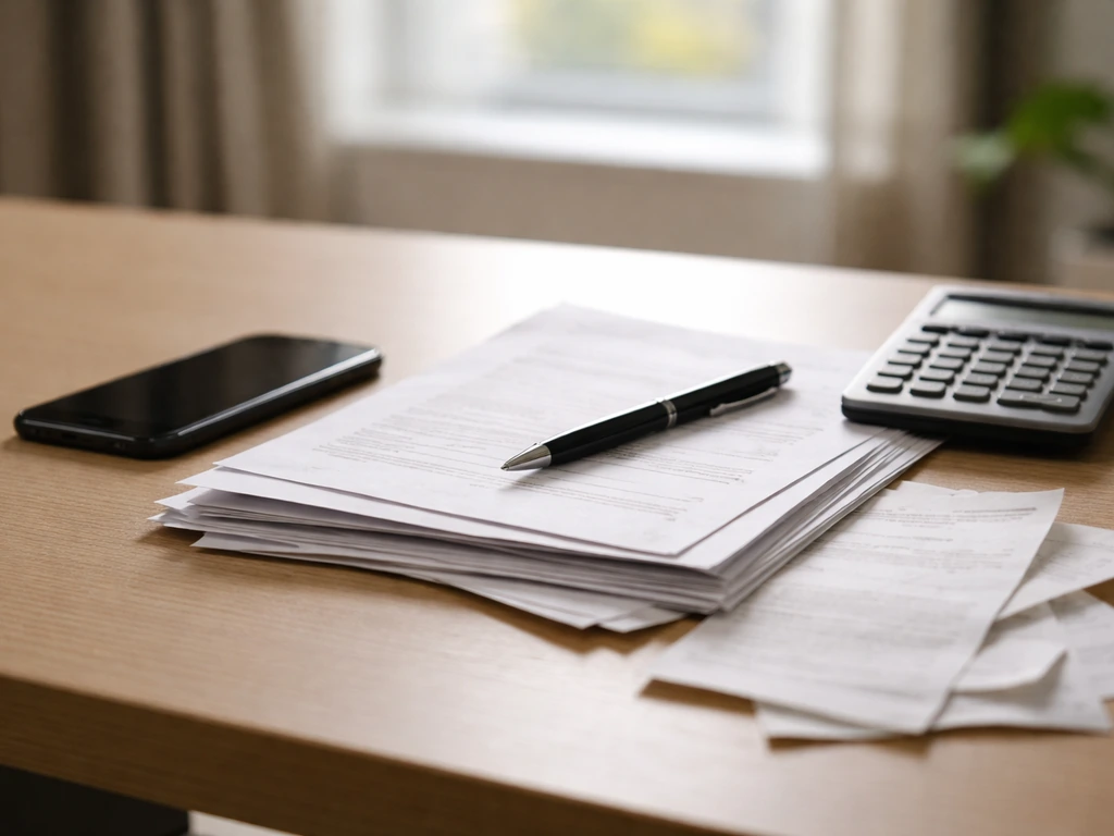 Close-up of a smartphone and scattered printed documents on a desk, symbolizing inconsistent online net worth figures.