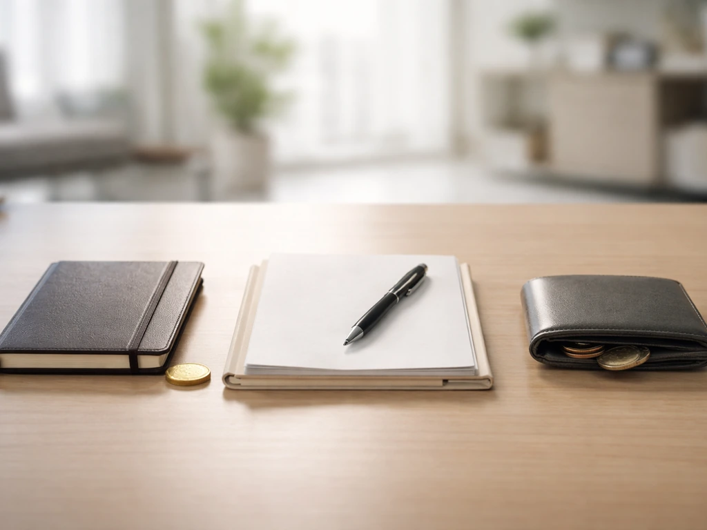 Minimal studio desk scene with three symbolic objects representing brand, company, and personal net worth.