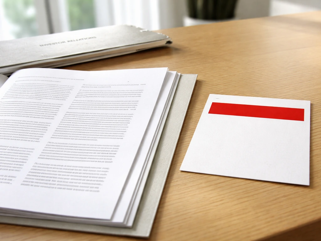 Close-up of a business document and investor-relations folder beside a red-flag warning card.