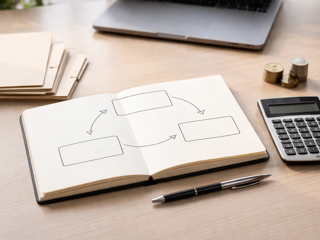 Minimal desk scene with calculator, financial documents, and a notebook showing a simple circular workflow