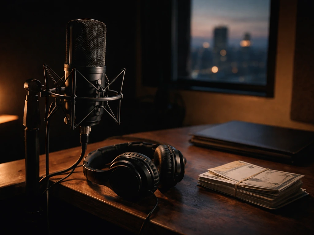 Moody studio scene with music gear and a few cash-styled props symbolizing earnings and media influence