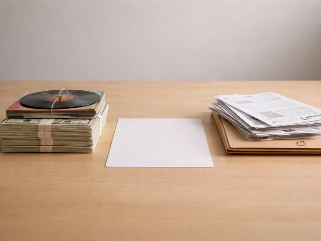 Tabletop with income-like envelopes and records opposite bills and a folder, suggesting assets minus liabilities.