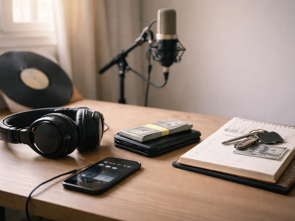 Minimal studio desk scene with headphones, smartphone, microphone stand, and vinyl record sleeve suggesting multiple inc