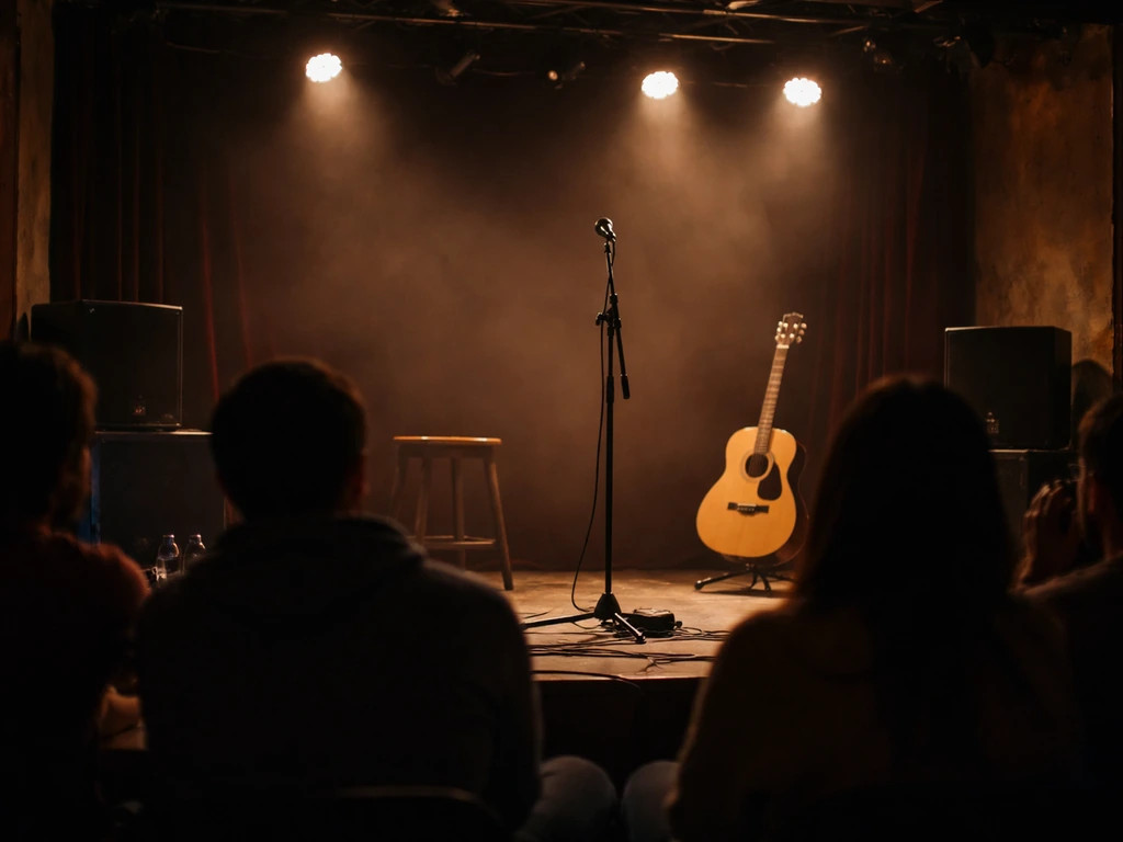 Small live music performance with a simple stage, microphone stand, and a seated audience in a cozy venue