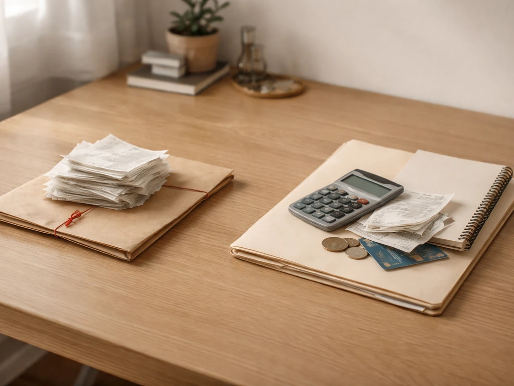 Minimal desk scene with receipts/envelope on one side and expenses/coins on the other to symbolize gross vs net.