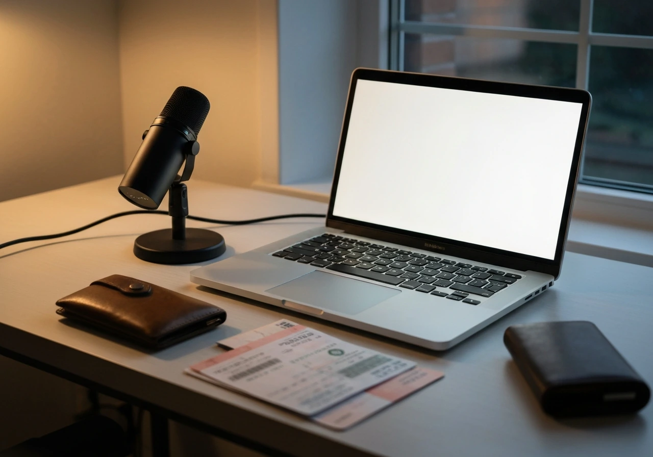 Close-up of a podcast microphone and laptop on a tidy desk, suggesting entertainment and financial analysis.