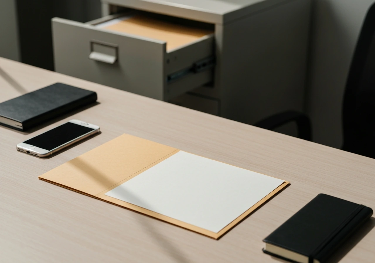 Minimal desk scene with scattered documents and a closed folder, symbolizing missing audited public filings.