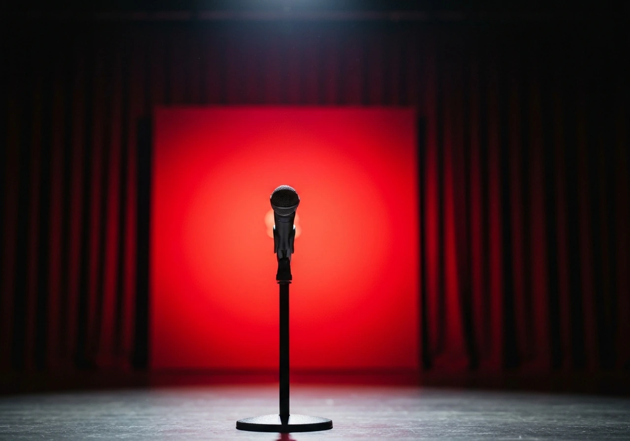 Empty stage with a microphone in front of a red event backdrop, suggesting live performances and media bookings.