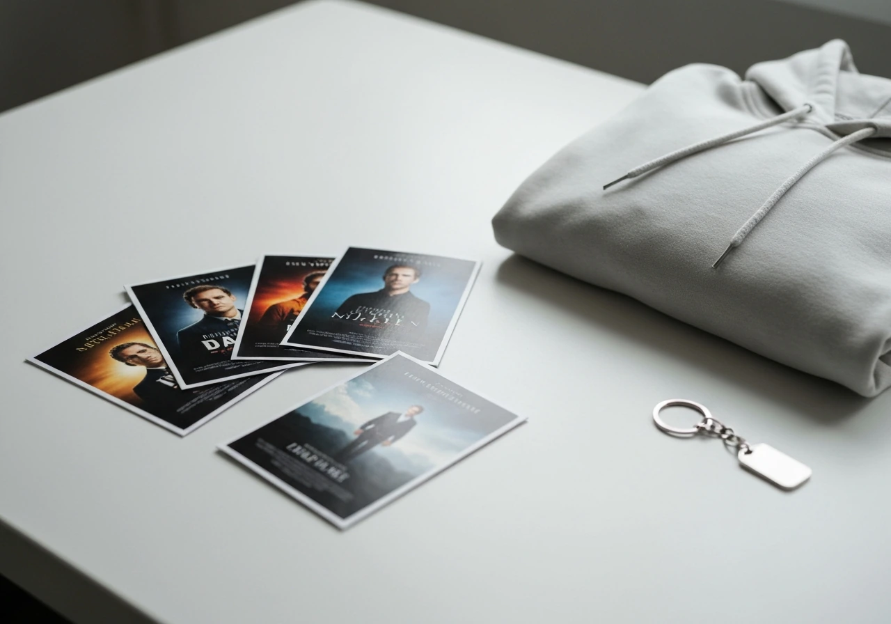 Minimal collage of film-poster thumbnails and a generic merchandise mockup on a desk