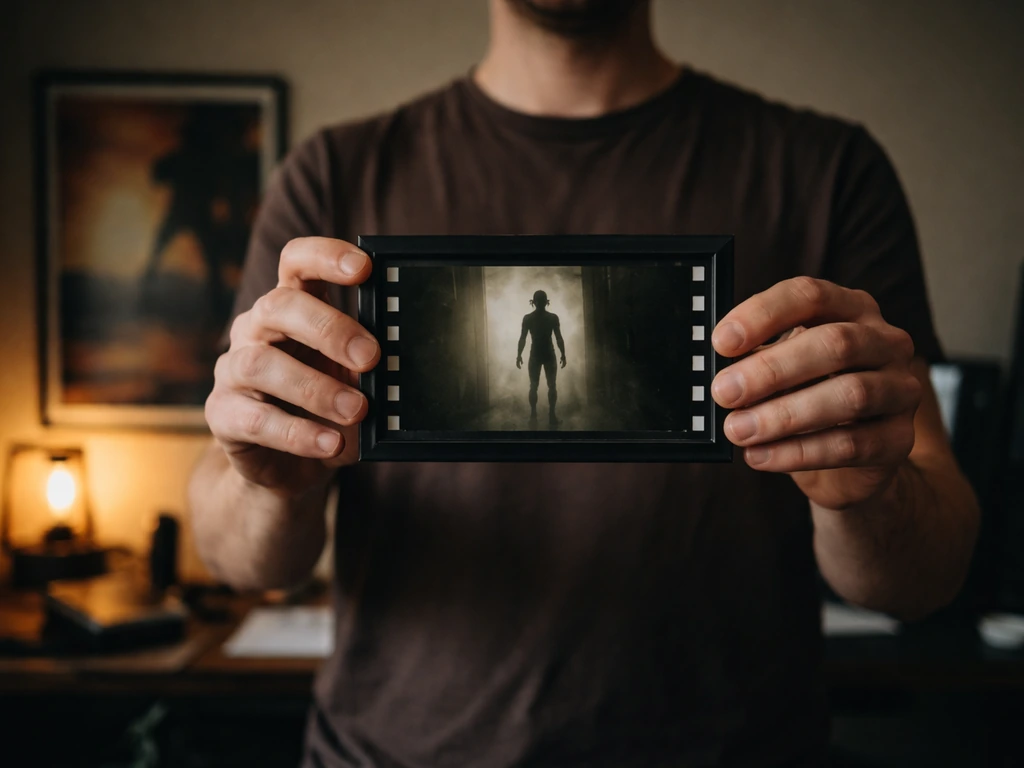 Anonymous man in a home studio holding a framed film still with an alien-like silhouette.