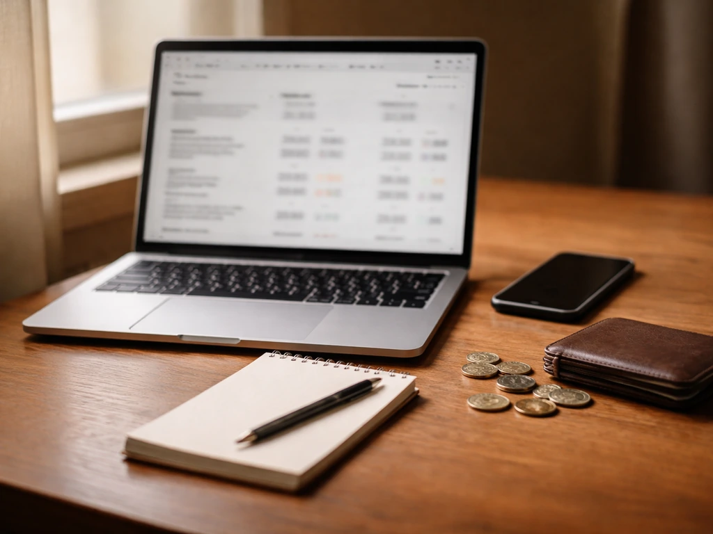 Minimal desk scene with laptop and phone showing blurred differing money figures, suggesting unsourced net worth data.