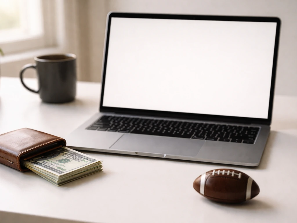 Minimal photo of a banker-style desk with cash, a laptop, and a football-shaped paperweight, suggesting net worth estima