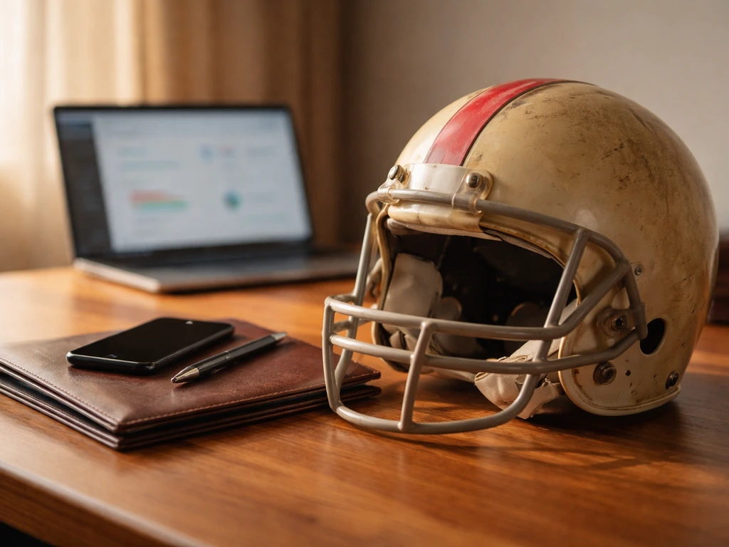 Minimal photo of an NFL helmet and contract folder beside a laptop in a quiet office setting