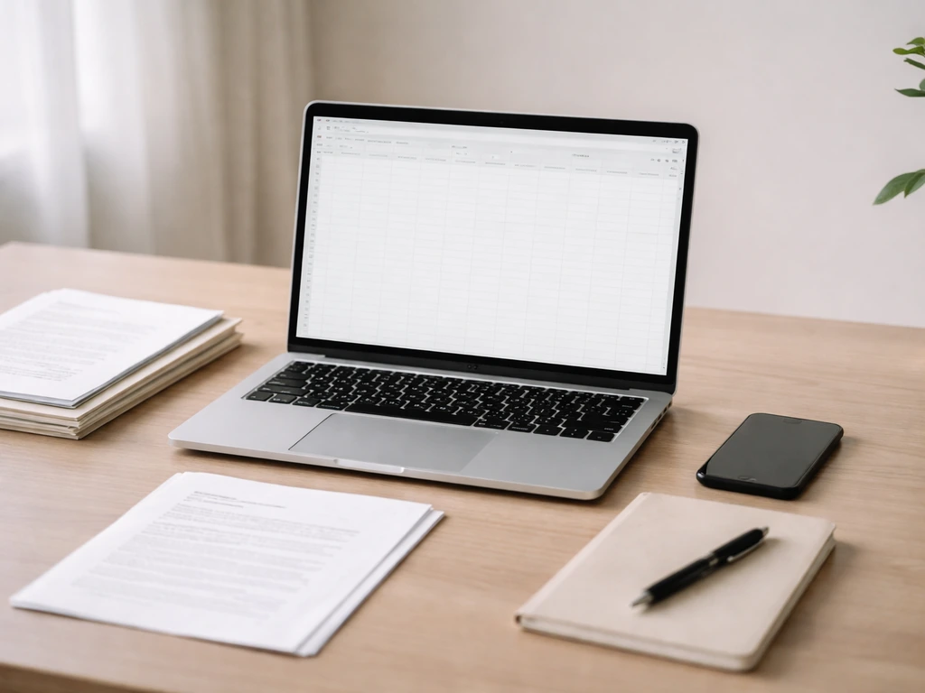 Minimal desk setup with laptop showing sports contract stats sources and a pen and notebook