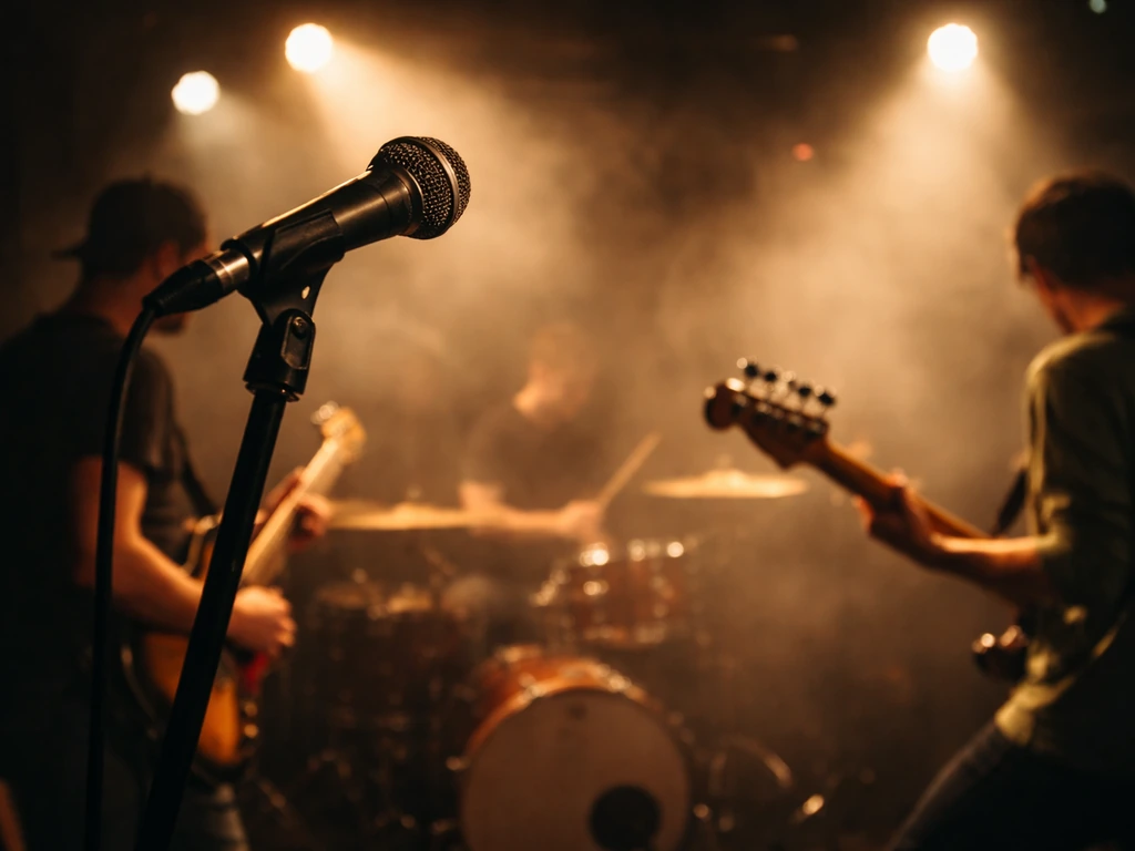 Anonymous musicians perform on a small stage with a microphone and warm spotlights in a minimal live setting