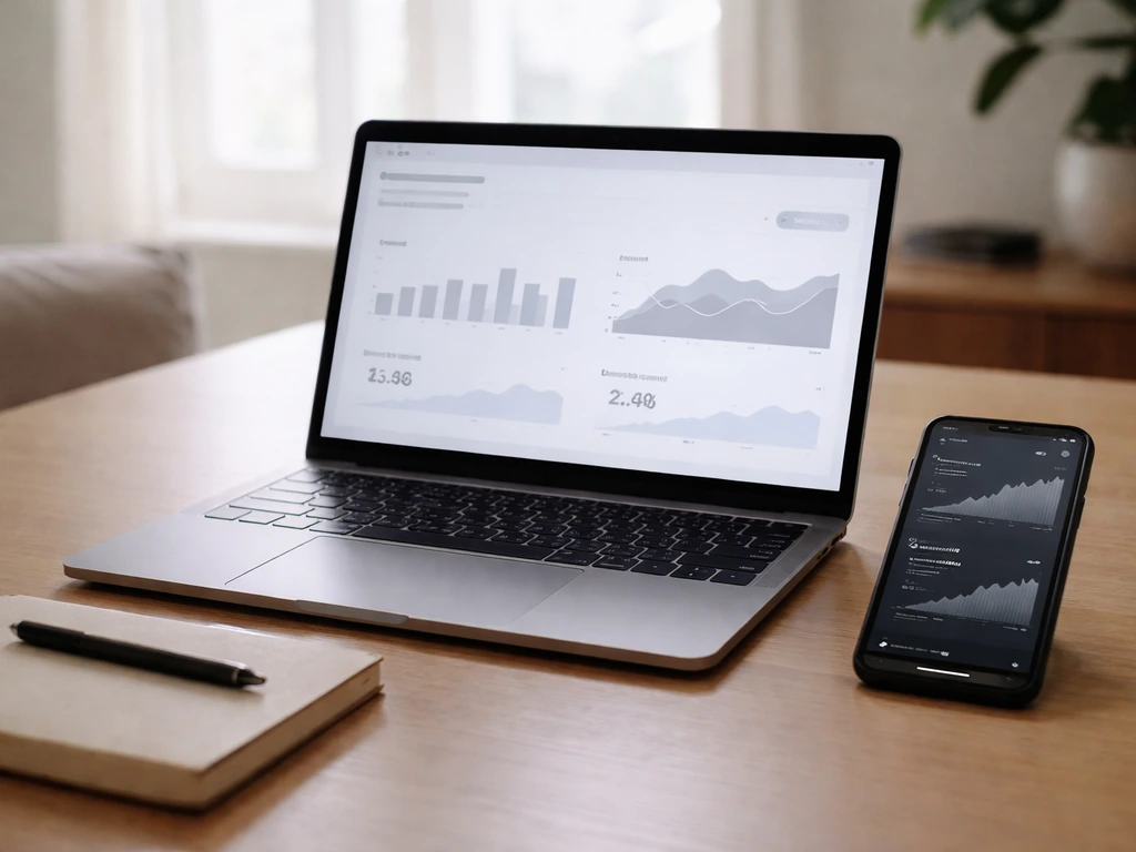 Minimal desk scene with laptop analytics-style streams and listener metrics feeding an estimate process.