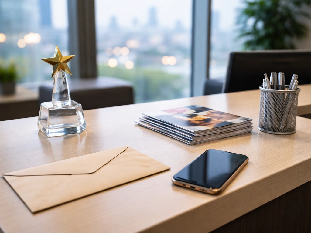 Minimal office desk scene with a trophy, brochures, and money-themed finance cues under natural light.