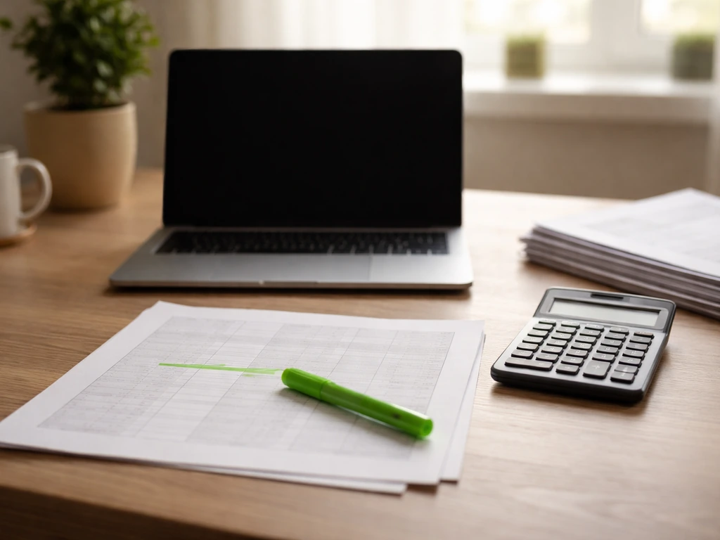 Calculator beside highlighted earnings worksheet on a simple office desk, symbolizing starting with income.