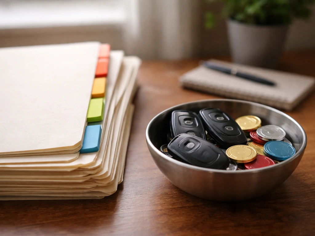 Stacked accounting folders and a bowl of car keys and prize tokens on a desk representing liabilities.