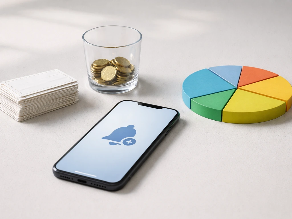 Minimal tabletop scene with blank entry tickets, subscription-style phone, and pie-like colored wedges.