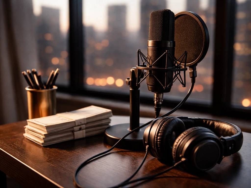 Close-up of a studio microphone and headphones on a desk with a blurred city skyline in the background.