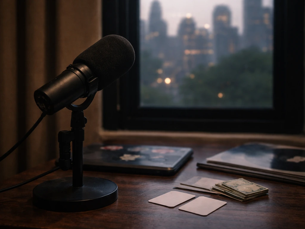 Unbranded studio microphone beside blank ID-style cards and cash, symbolizing confirming the right person.